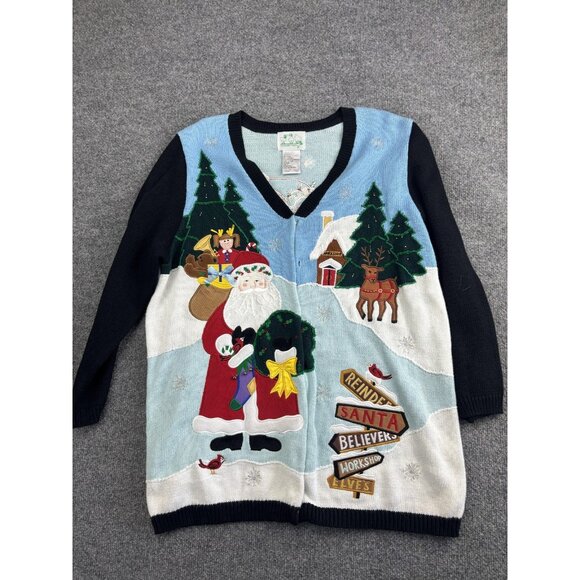 Quacker Factory Sweater Womens Large Christmas Santa Reindeer Cardigan Holiday - Picture 1 of 8